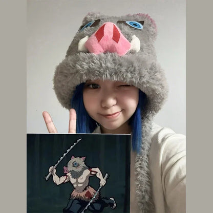 Anime Demon Slayer Two-Dimensional Cartoon Hood Hat Creative Personality Hashibira Inosuke Cosplay Plus Velvet Warm Knitted Hat