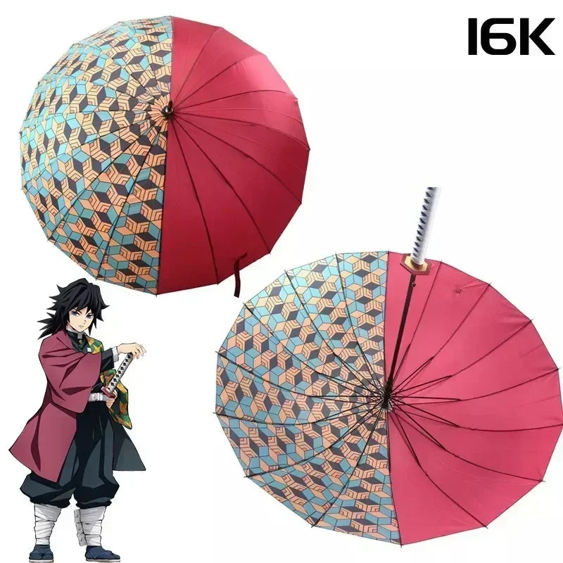 Demon Slayer Katana Umbrella Kimetsu Long Rain Parasol UV Blocking Anime Samurai Style Cosplay Display Photo Prop Long Handle