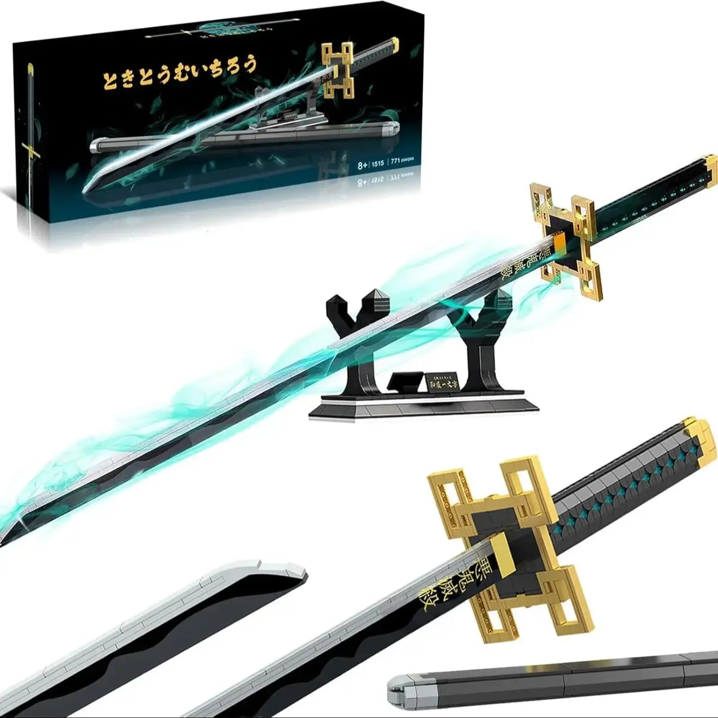 Demon Anime Sword Building Set, 40in Tokitou Muichirou Sword Set with Scabbard and Stand Anime Katana Sword Building Blocks Gift