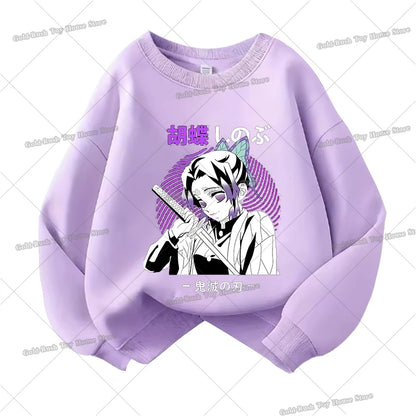 Demon Slayer Children Sweatshirt Kamado Nezuko Kochou Shinobu Autumn Sportswear for Girl Anime Tracksuit Cartoon Kids Pullovers