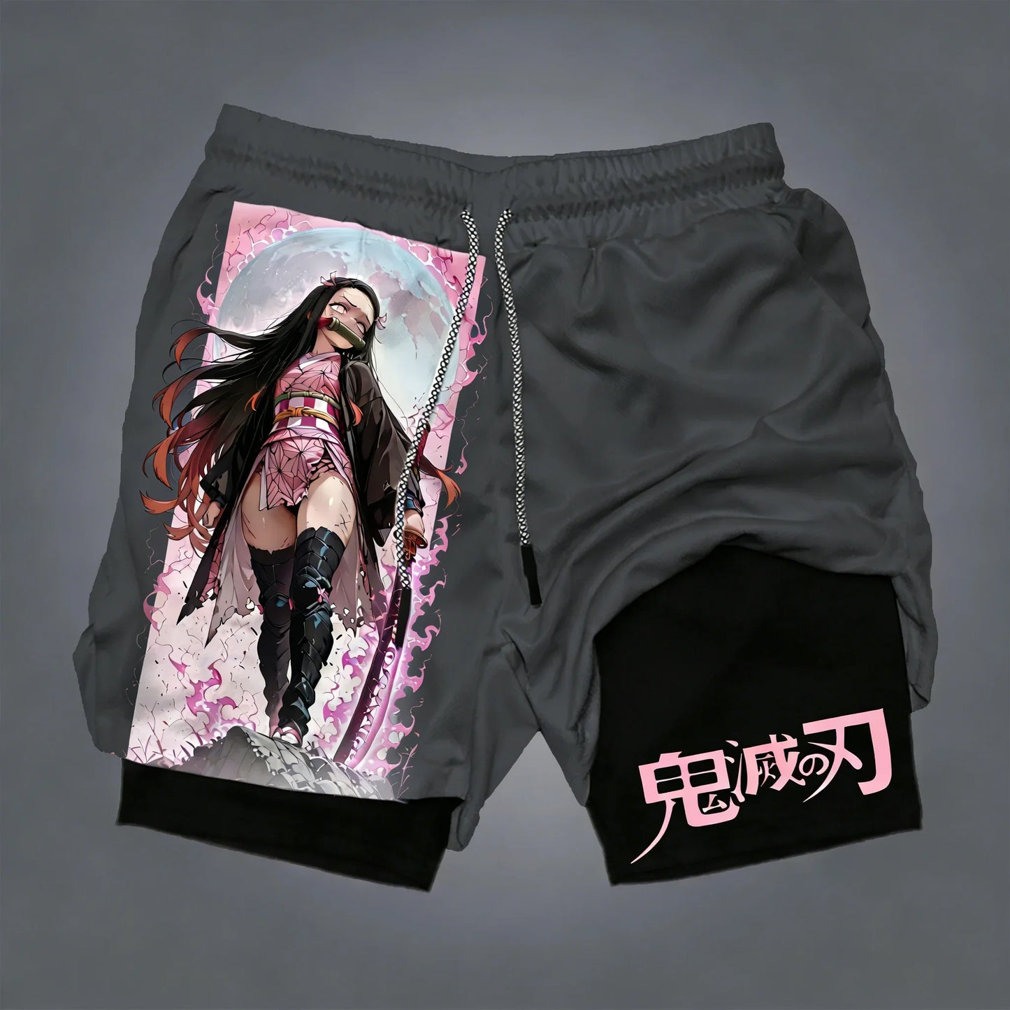 Demon Slayer Men's Summer Double Layer Shorts New Nezuko Anime Printed Gym Quick Drying Breathable 2-in-1 Sports Shorts