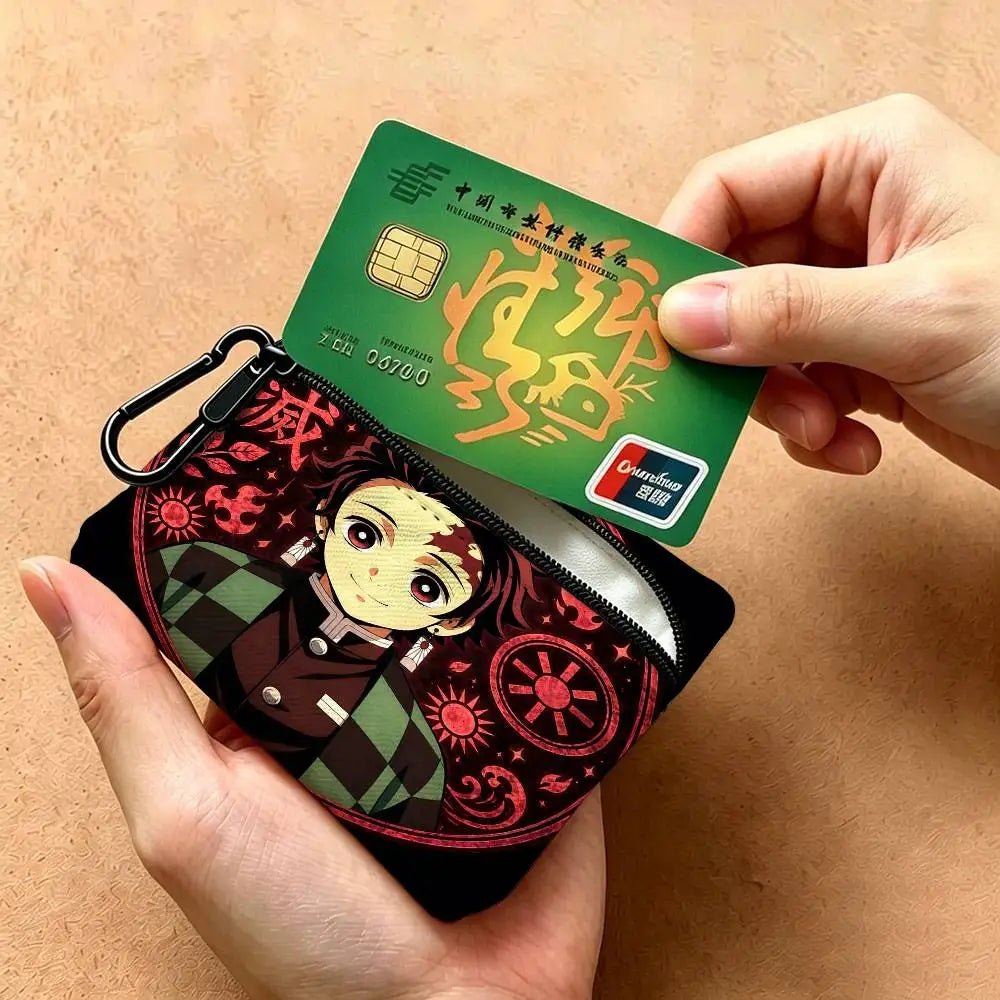 Anime Demon Slayer Multifunctional Oxford Cloth Small Pouch With Hook Mini Coin Wallet Earbud Storage Bag