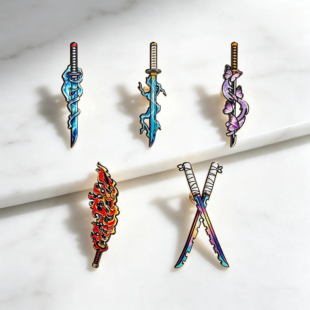 5Pcs Demon Slayer Nichirin Swords Enamel Pins Set Anime Cosplay Badges Collectible Brooches for Water Flame Thunder Hashira Fans
