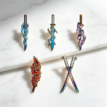 5Pcs Demon Slayer Nichirin Swords Enamel Pins Set Anime Cosplay Badges Collectible Brooches for Water Flame Thunder Hashira Fans