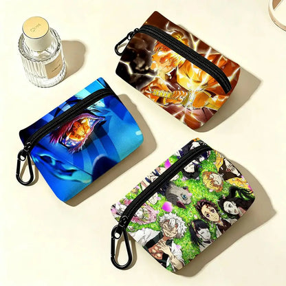 Anime D-DemonS Slayer Mini Oxford Cloth Coin Purse With Carabiner Hook Portable Key Card Wallet Small Zipper Storage Pouch