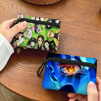 Anime D-DemonS Slayer Mini Oxford Cloth Coin Purse With Carabiner Hook Portable Key Card Wallet Small Zipper Storage Pouch