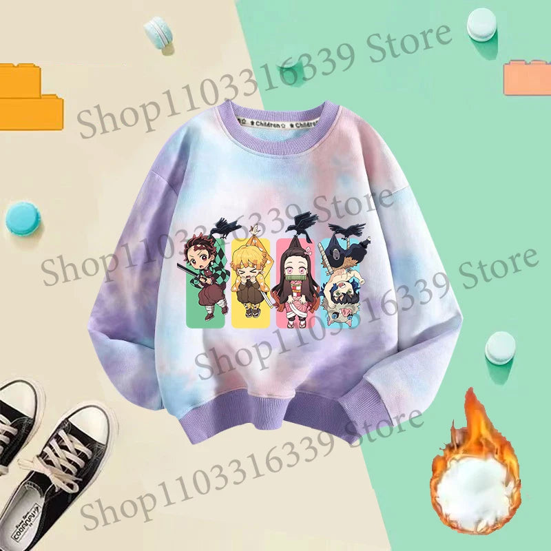 Demon Slayer Children Tie-dyed Sweatshirts Giyu Tomioka Nezuko Boy Girl Hoodie Anime Cute Pullover Fashion Tops Autumn Clothing