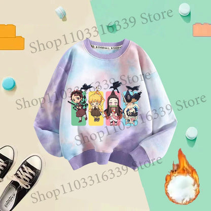 Demon Slayer Children Tie-dyed Sweatshirts Giyu Tomioka Nezuko Boy Girl Hoodie Anime Cute Pullover Fashion Tops Autumn Clothing