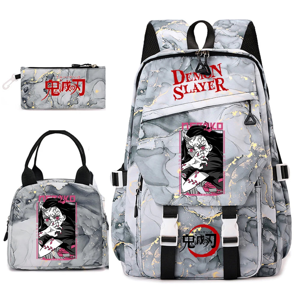 Demon Slayer Anime Backpack Set for Girls Demon Slayer 3Pcs School Bag Lunch Kit Pouch
