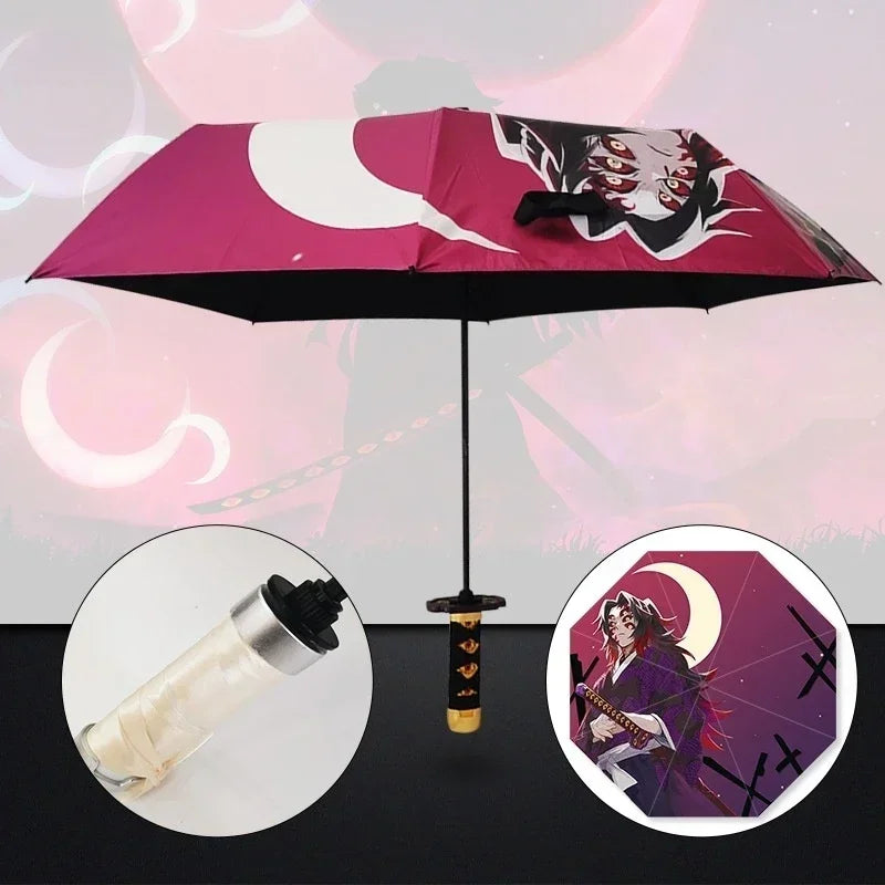 Demon Slayer Folding Katana Umbrella Tanjirou Zenitsu Anime UV Parasol Rain Gear Samurai Style Cosplay Display Photo Prop Decor