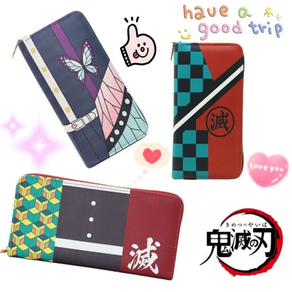 Demon Slayer Anime Long Wallet Color Block Design Kamado Tanjiro Kochou Shinobu Tomioka Giyuu PU Leather Purse