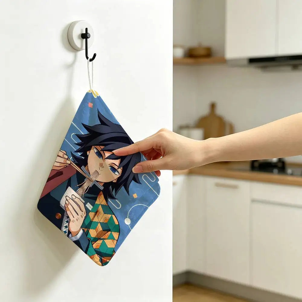 Cartoon Figure Giyu Tomioka Hanging Polyester Cotton Towel, Reusable Hand Wiping Cloth, Wear Resistant for Home Kitchen Sink