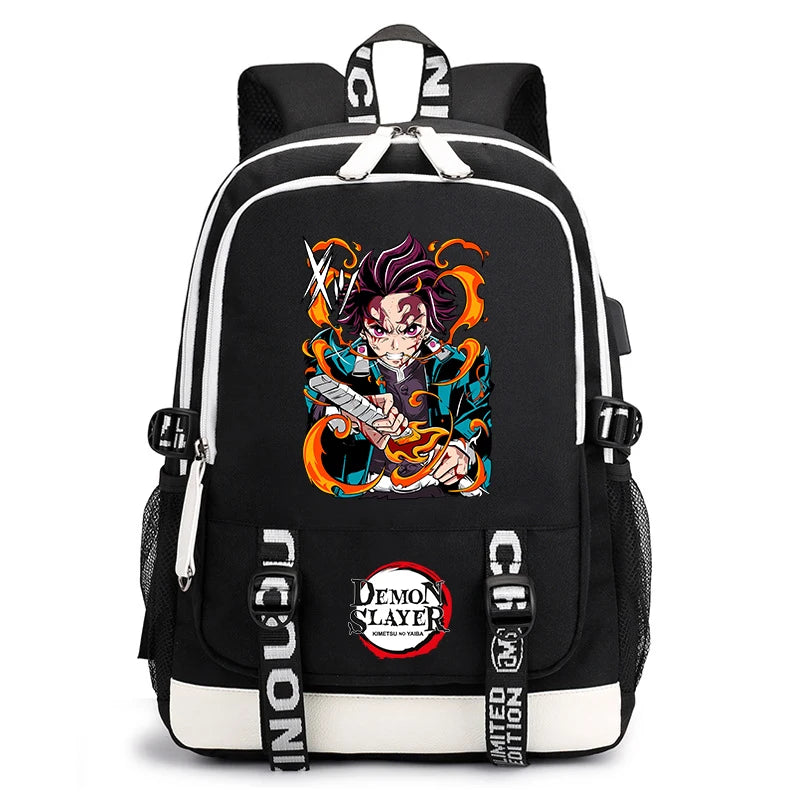Demon Slayer Anime Print Student Backpack USB Charging Port Lightweight School Bag for Boys Girls