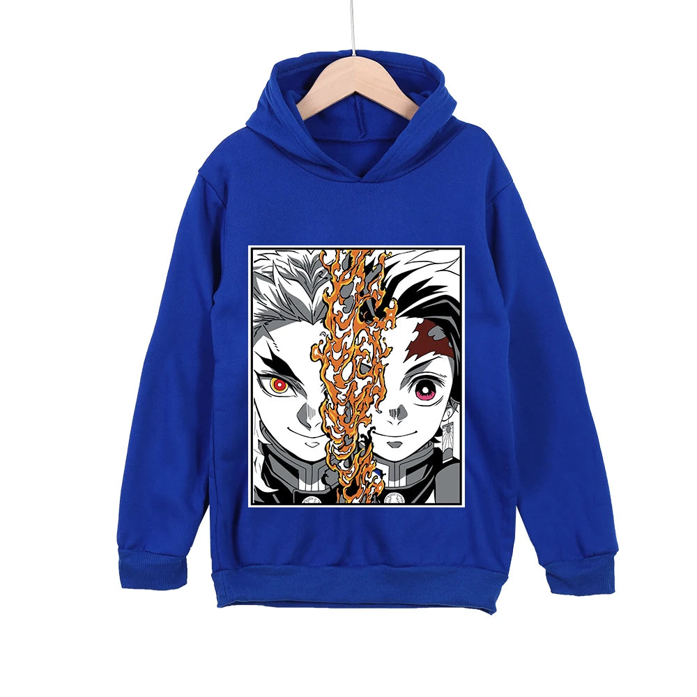 Kids Anime Hoodie Demon Slayer Rengoku x Tanjiro Print Cotton Sweatshirt Unisex Boys Girls Clothing 100-160cm