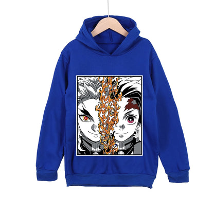 Kids Anime Hoodie Demon Slayer Rengoku x Tanjiro Print Cotton Sweatshirt Unisex Boys Girls Clothing 100-160cm