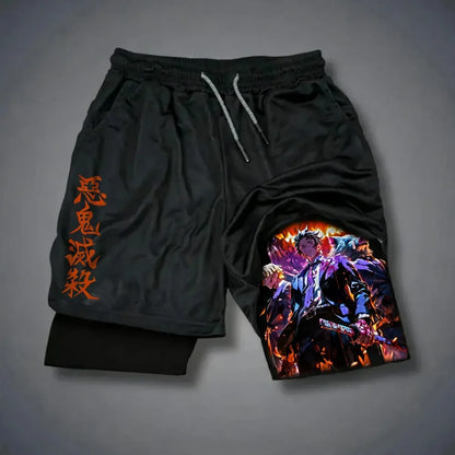 Unisex Demon Slayer Tokitou Muichirou 2026 Summer New Harajuku Anime Printed Loose Quick Drying Double-layer Sports Shorts