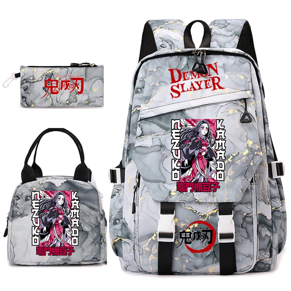 Demon Slayer Anime Backpack Set for Girls Demon Slayer 3Pcs School Bag Lunch Kit Pouch