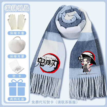 Anime Demon Slaye Nezuko Tanjiro Cartoon Printed Scarf Autumn Winter Men's and Women's Fashion Versatile Warm Grid Scarf