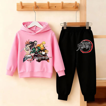 Demon Slayer Anime Hoodie Pants Set Children Hooded Sweatshirt Outerwear Pants Set Boys Girls Tops Autumn Pullover Clothing Gift