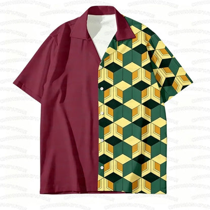 Summer Men's Women's Japanese Anime Tanjiro Kamado Printed Button Casual Hawaiian Shirt  Beach Vacation Cosplay Shirt