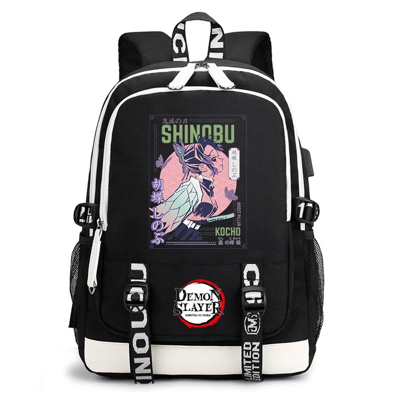 Demon Slayer Anime Print Student Backpack USB Charging Port Lightweight School Bag for Boys Girls