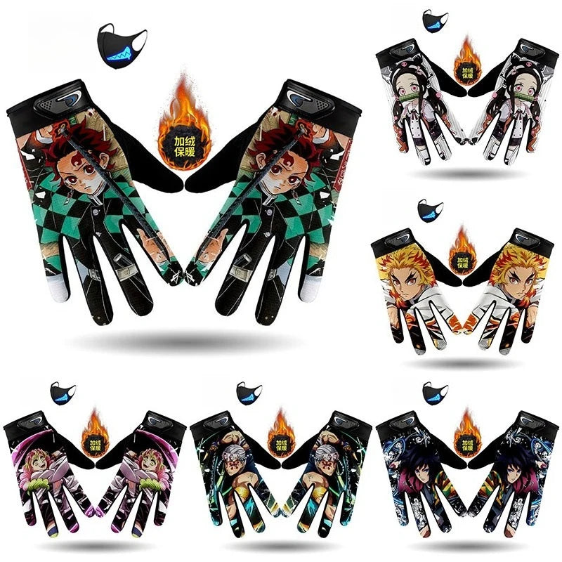 Demons Slayers Tanjiro Kamado Children's Warm Plus Velvet Ski Five-finger Gloves Men and Women Winter Cartoon Nezuko Gloves