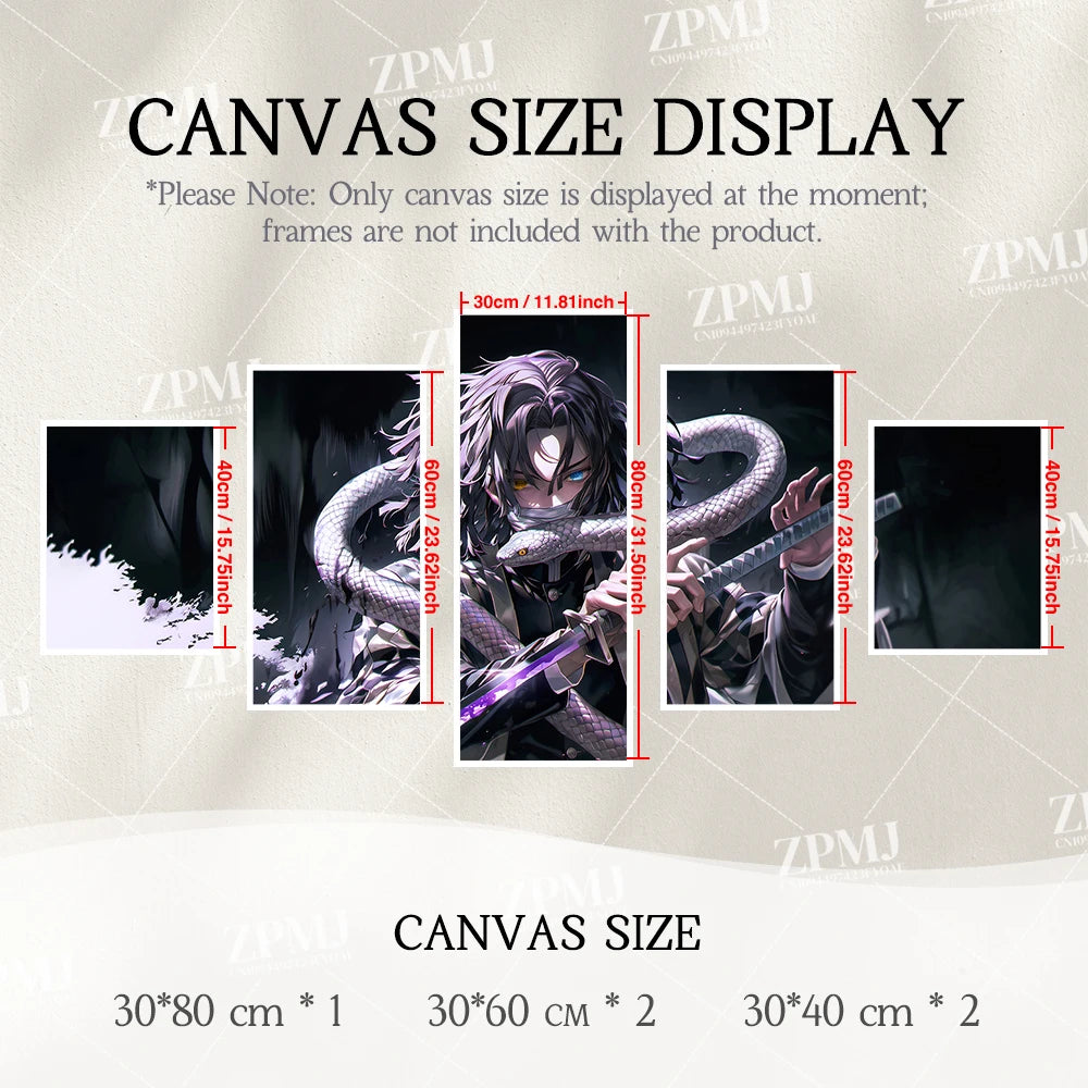 5Pcs Anime Wall Art Canvas Painting Picture Print Home Decor Demon Slayer Iguro Obanai Character Posters Room Frameless Mural