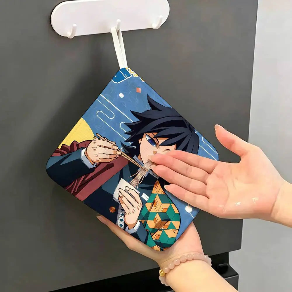 Cartoon Figure Giyu Tomioka Hanging Polyester Cotton Towel, Reusable Hand Wiping Cloth, Wear Resistant for Home Kitchen Sink