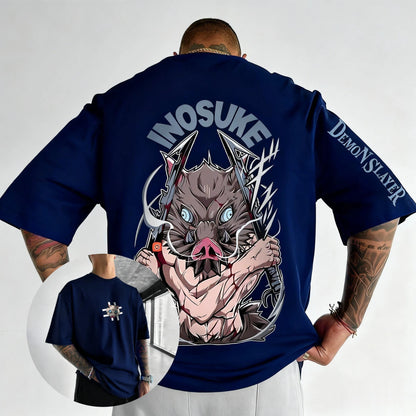 Demon Slayer Anime Hashibira Inosuke Printed T-shirt 2026 Men's and Women's Summer New Harajuku Loose Casual Parent Child Top