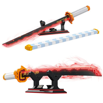 Demon Slayer Rengoku Kyojuro Sword Building Blocks Katana Model with Stand DIY Collectible Toy Gift for Anime Fans Adults Teens