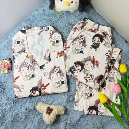 Cute Demon Slayer Pajama Set Spring Autumn Kamado Tanjirou Lolita Girl Pajamas Long Sleeves Student Cosplay Loungewear Set Gift