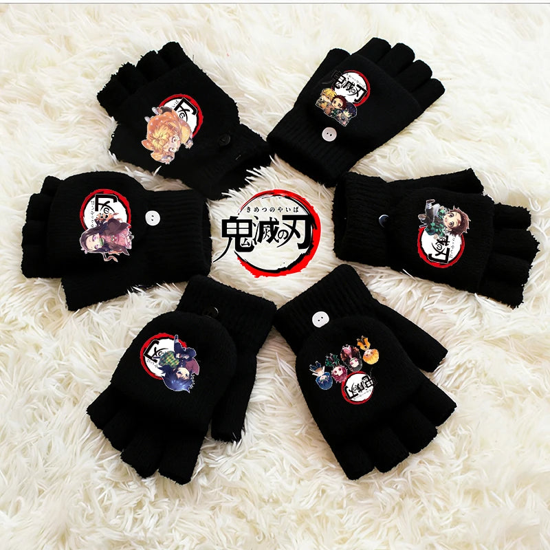Demon Slayer Gloves Girl Boy Half Finger Flip Gloves Kamado Tanjirou Winter Outdoor Accessories Mittens Children Birthday Gifts