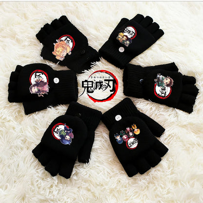 Demon Slayer Gloves Girl Boy Half Finger Flip Gloves Kamado Tanjirou Winter Outdoor Accessories Mittens Children Birthday Gifts