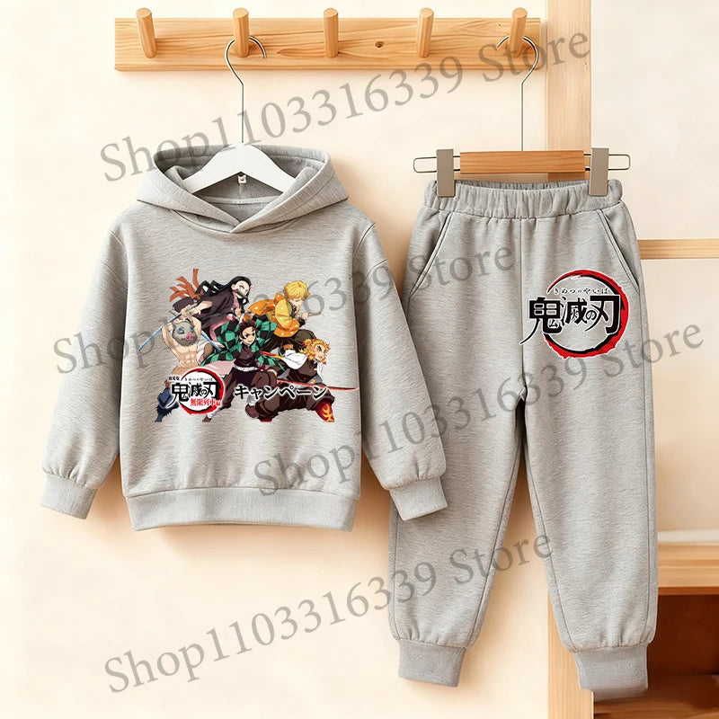 Demon Slayer Anime Hoodie Pants Set Children Hooded Sweatshirt Outerwear Pants Set Boys Girls Tops Autumn Pullover Clothing Gift