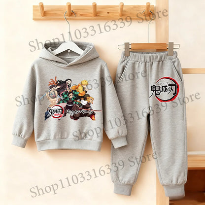 Demon Slayer Anime Hoodie Pants Set Children Hooded Sweatshirt Outerwear Pants Set Boys Girls Tops Autumn Pullover Clothing Gift