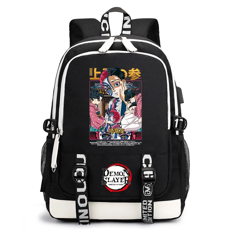 Demon Slayer Anime Print Student Backpack USB Charging Port Lightweight School Bag for Boys Girls