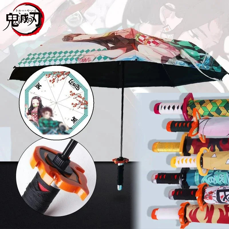 Demon Slayer Folding Katana Umbrella Tanjirou Zenitsu Anime UV Parasol Rain Gear Samurai Style Cosplay Display Photo Prop Decor