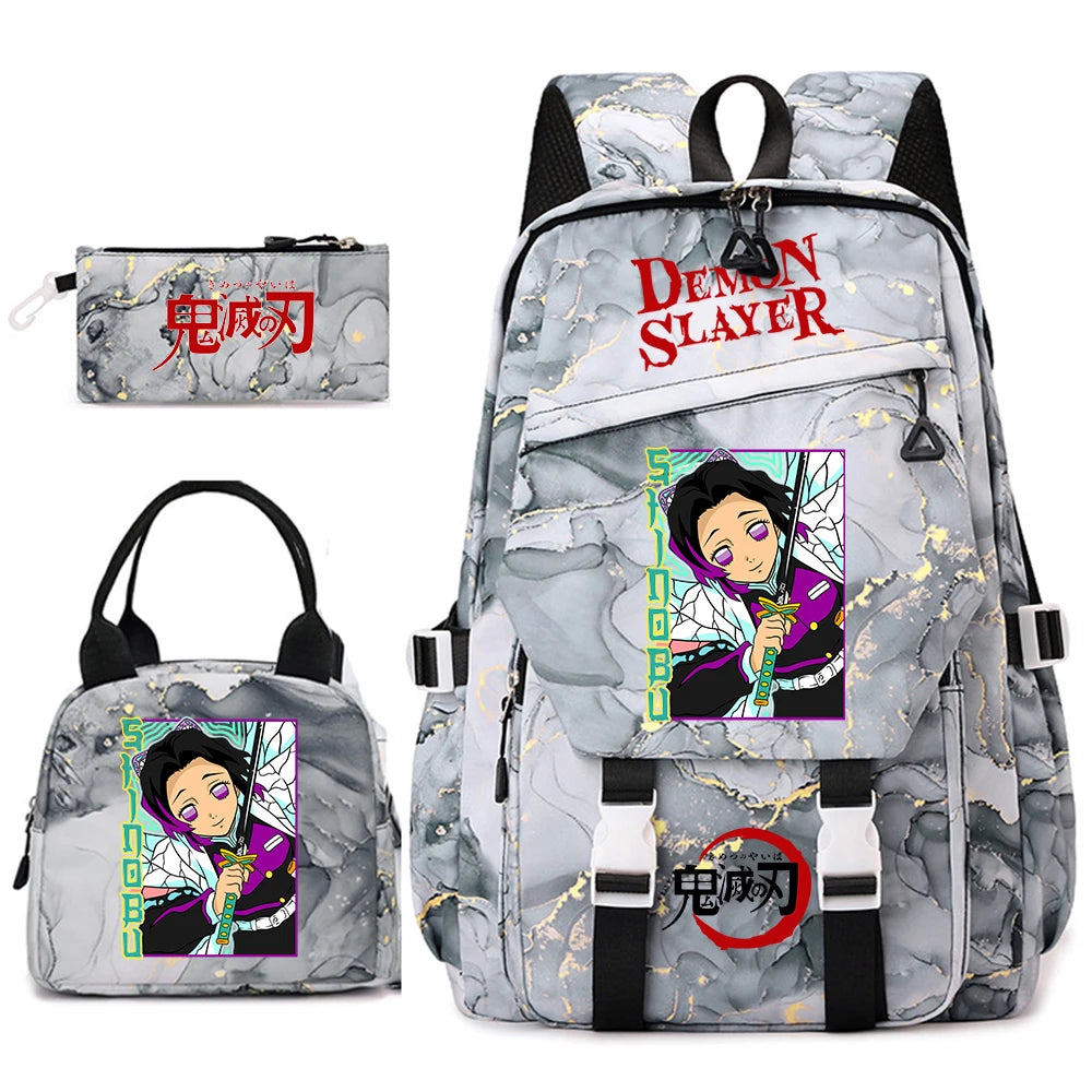 Demon Slayer Anime Backpack Set for Girls Demon Slayer 3Pcs School Bag Lunch Kit Pouch