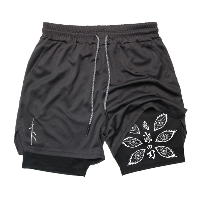 Demon Slayer Unisex Summer Sports Shorts Kokushibo Anime Printed Running Speed Dry Breathable 2-in-1 Double-layer Shorts