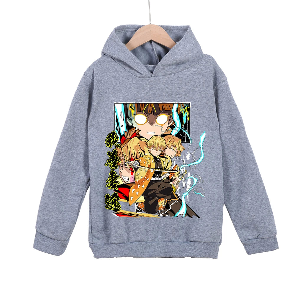 Kids Anime Demon Slayer Zenitsu Print Cotton Hoodie Unisex Boys Girls Pullover Sweatshirt Cosplay Costume for 3-12 Year Children