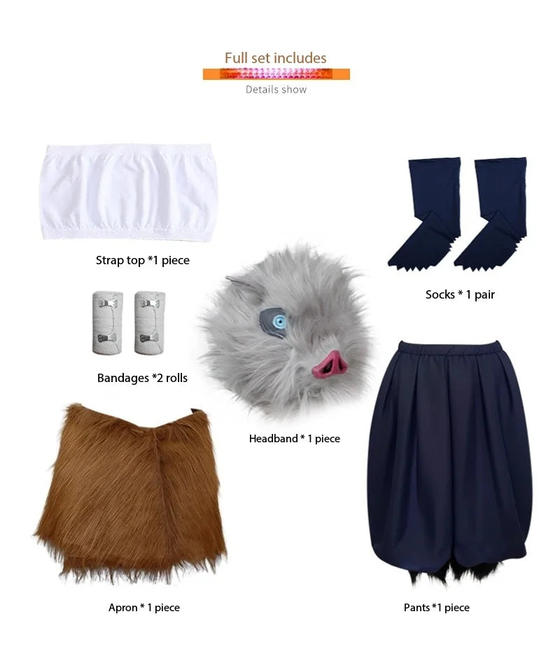 Hashibira Inosuke Cosplay Costume, Boar Head Mask Set, Halloween Party Outfit Inosuke Wigs Package Pants Fancy Dress Pants and