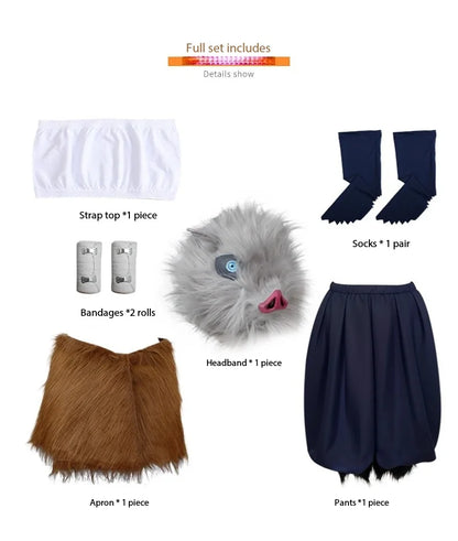 Hashibira Inosuke Cosplay Costume, Boar Head Mask Set, Halloween Party Outfit Inosuke Wigs Package Pants Fancy Dress Pants and