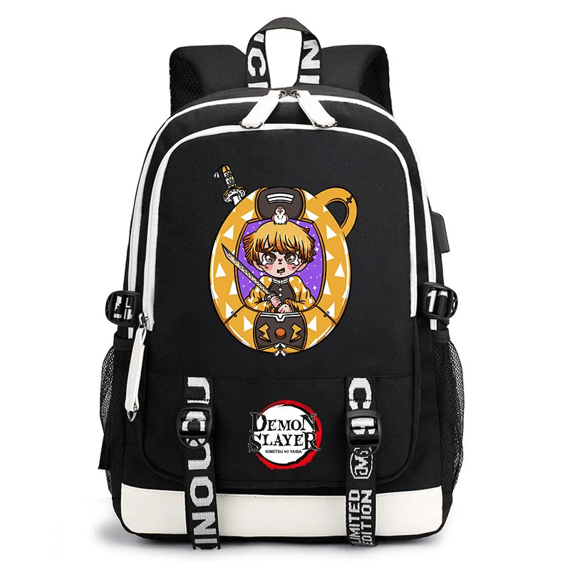Demon Slayer Anime Print Student Backpack USB Charging Port Lightweight School Bag for Boys Girls