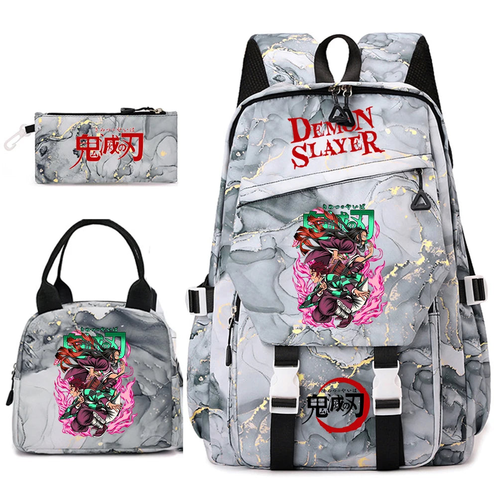Demon Slayer Anime Backpack Set for Girls Demon Slayer 3Pcs School Bag Lunch Kit Pouch