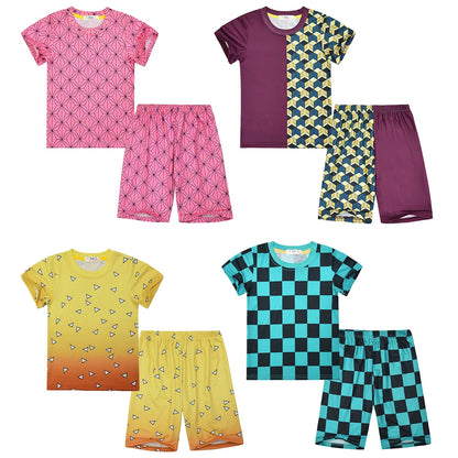 Kids Boys Girls Japanese Anime Style 2 Piece Pajama Set Short Sleeve Geometric Print Sleepwear Tanjiro Nezuko Zenitsu Loungewear