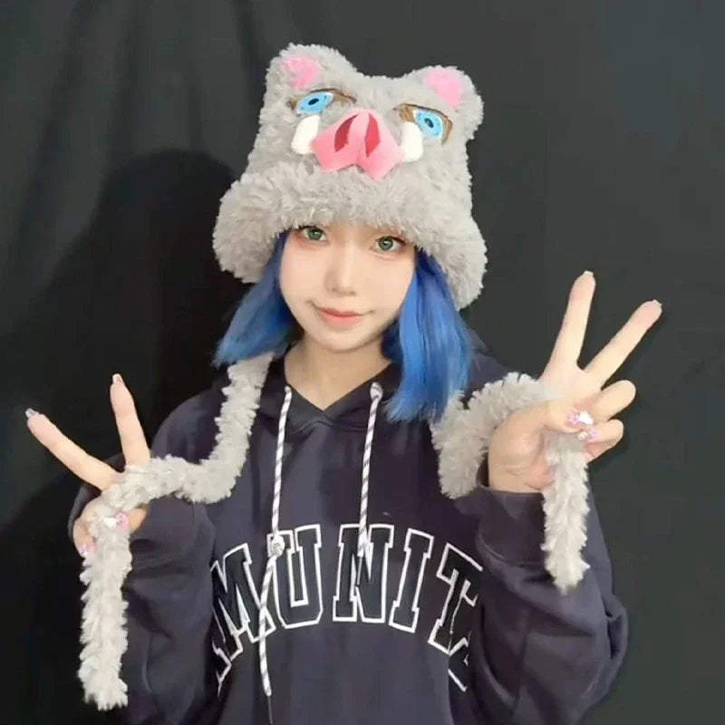 Anime Demon Slayer Two-Dimensional Cartoon Hood Hat Creative Personality Hashibira Inosuke Cosplay Plus Velvet Warm Knitted Hat