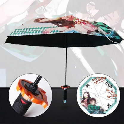 Demon Slayer Folding Katana Umbrella Tanjirou Zenitsu Anime UV Parasol Rain Gear Samurai Style Cosplay Display Photo Prop Decor