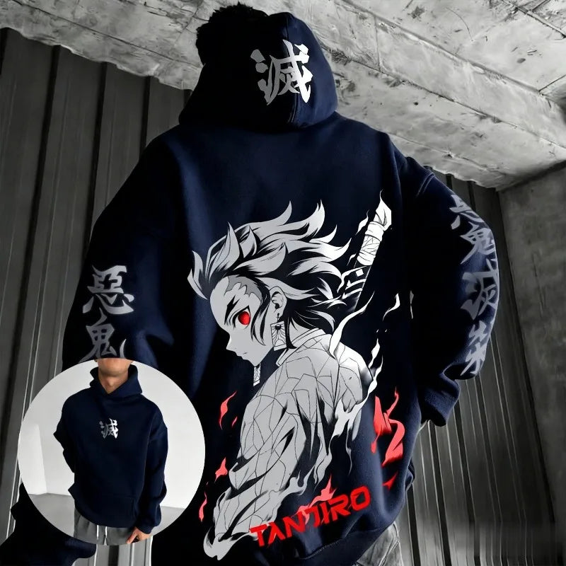 Unisex Demon Slayer Tanjiro Anime Hoodie Cotton Pullover Graphic Print Oversized Casual Streetwear Cosplay Y2k Long Sleeves Tops