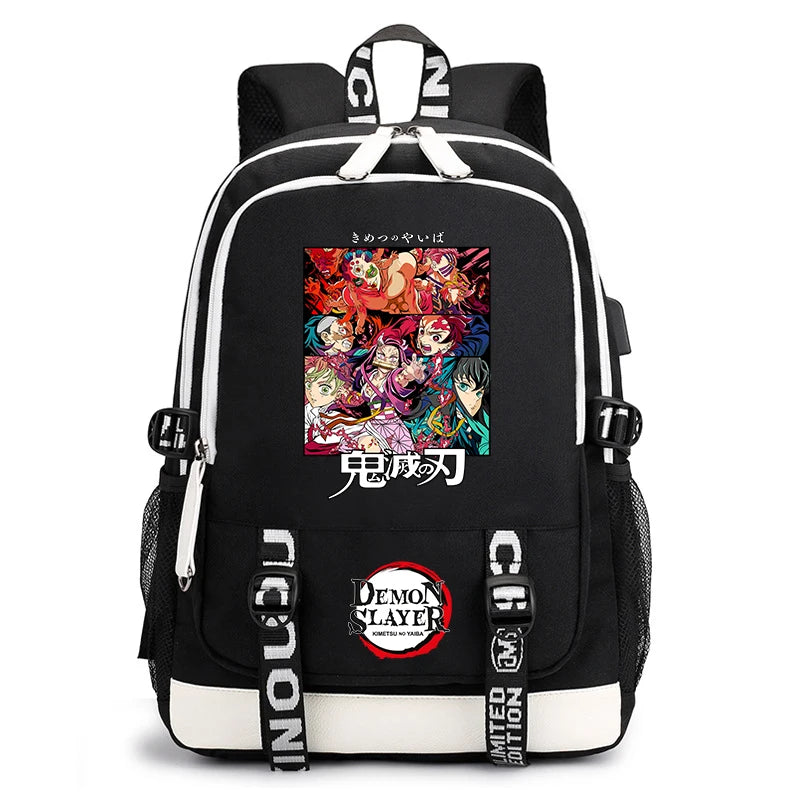 Demon Slayer Anime Print Student Backpack USB Charging Port Lightweight School Bag for Boys Girls