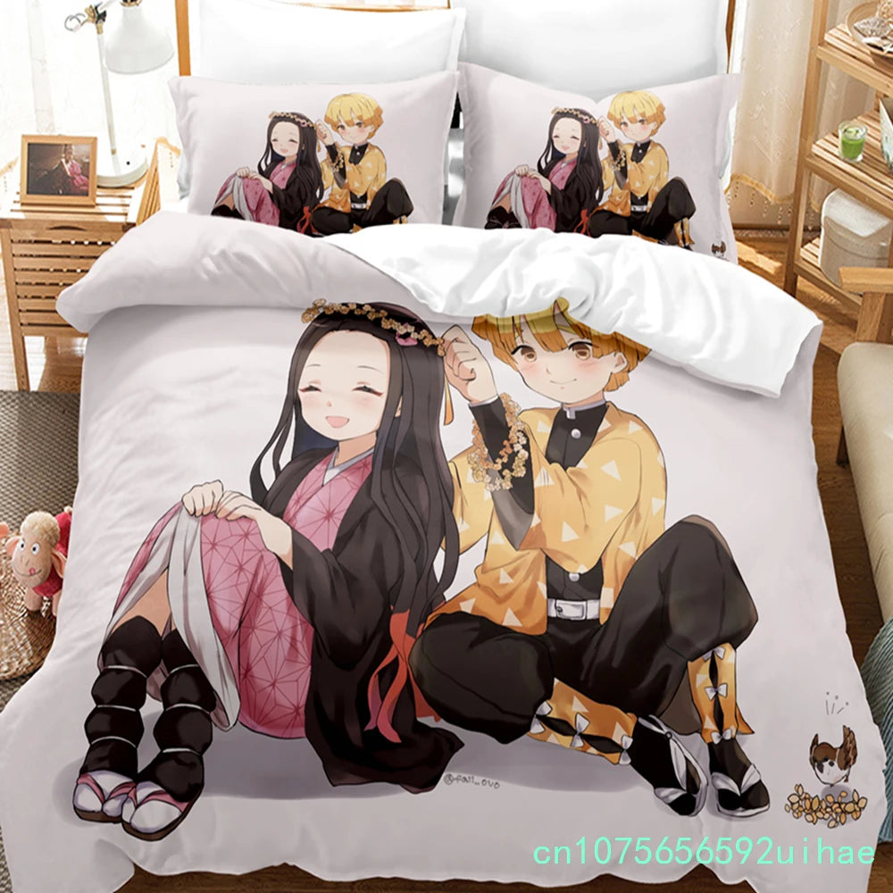 Kawaii Cartoon Demon Slayer Bedding Sets Duvet Cover Set With Pillowcase Twin Full Queen King Bedclothes Bed Linen Home Textiles
